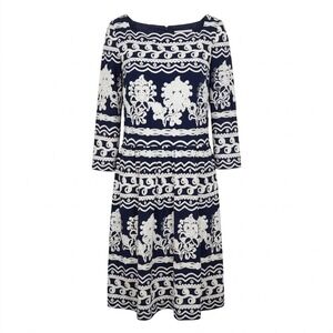 Trulli Navy Blue White Floral Embroidered 3/4 Sleeve Keyhole Back Dress Size 10